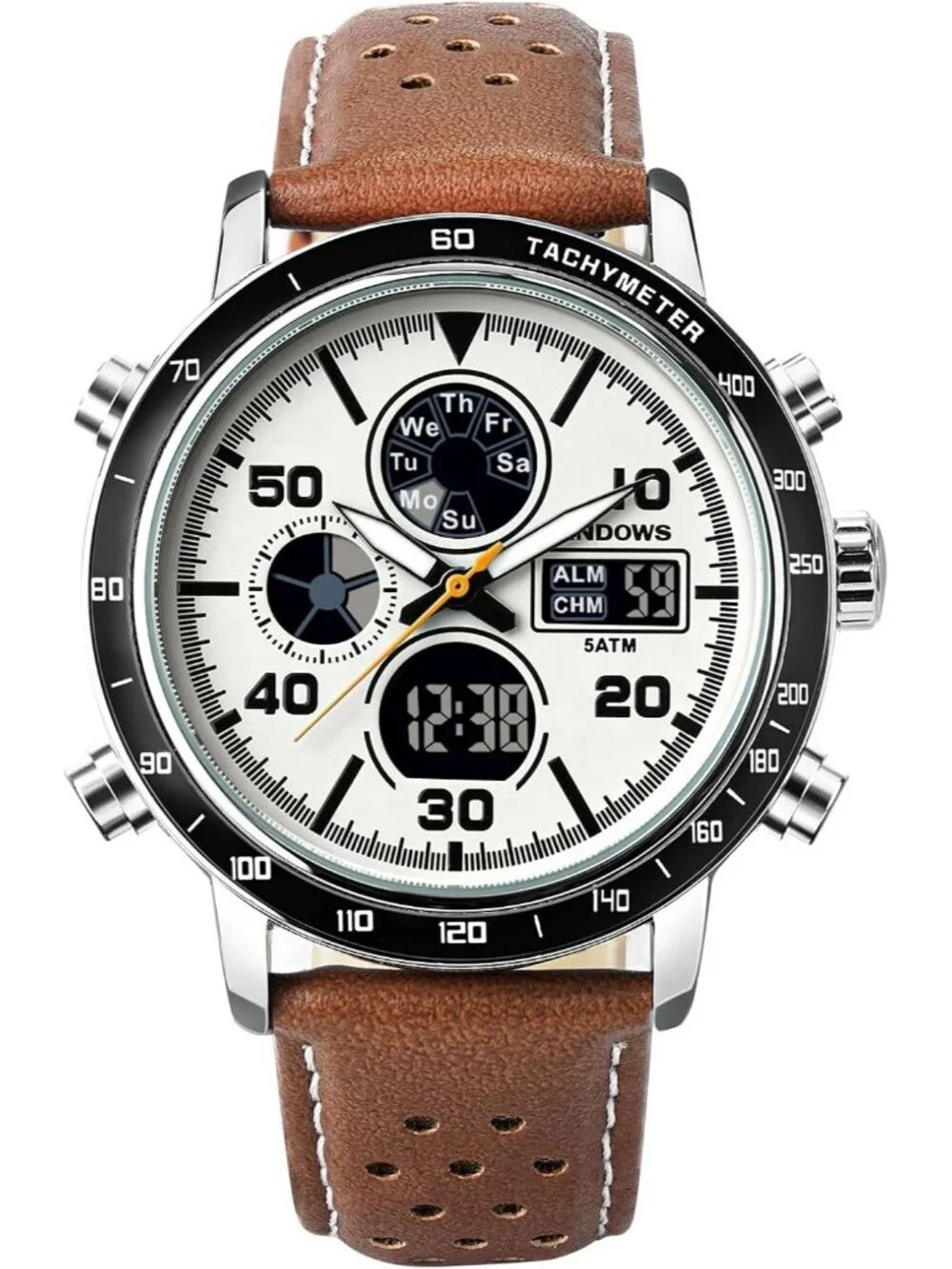 Men's Brown Analog Leather Waterproof Military Multifunctional LED Digital Watch
